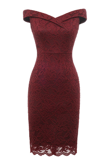 Sheath Off the Shoulder Burgundy Lace Dress